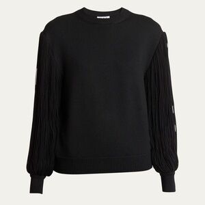 Alaïa Black Crewneck Sweater with Fringe Balloon Sleeves